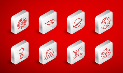 Set line Asteroid, Comet falling down fast, Planet Saturn, Mercury, Gemini zodiac, Solar system, Libra and Solstice icon. Vector © vector_v