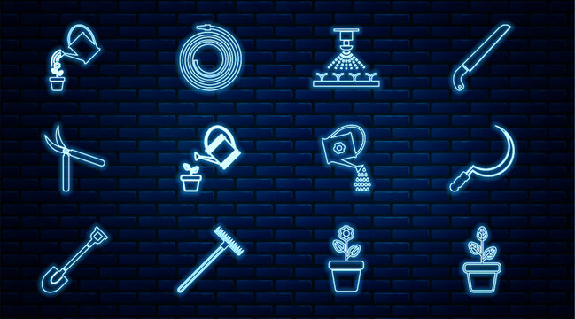 Set line Flowers in pot, Sickle, Automatic irrigation sprinklers, Watering can, Gardening handmade scissor, and hose fire hose icon. Vector