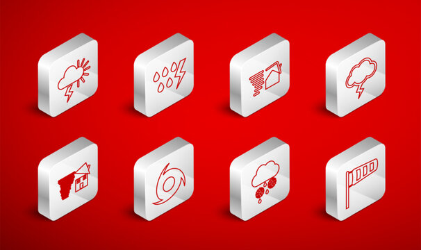 Set line Cone meteorology windsock wind vane, Storm, Tornado swirl, Cloud with snow and rain, and icon. Vector