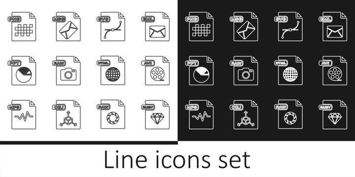 Set line RUBY file document, AVI, SVG, RAW, PPT, PNG, HTML and MSG icon. Vector