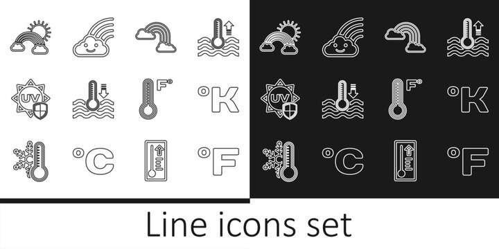 Set line Fahrenheit, Kelvin, Rainbow with clouds, Water thermometer, UV protection, and sun, Meteorology and icon. Vector