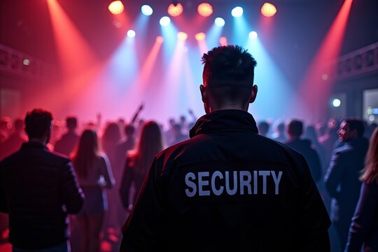 Security Guard Exuding Confidence at the Entrance of a Packed Club Event, Capturing the Lively Atmosphere in the Background