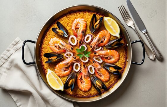 Paella de Marisco in large pot, topped with shrimp, mussels, garnished with parsley, served with lemon wedges. Concept of seafood dish, rice with shrimp mussels squid saffron.