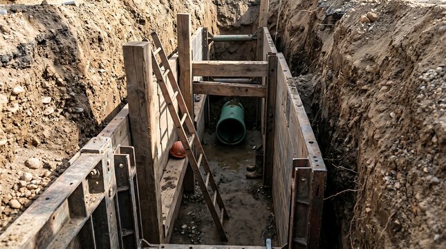Deep construction trench with safety shoring and pipe installation