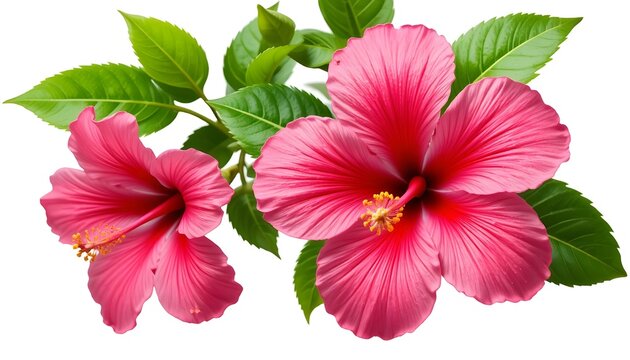  Vibrant pink hibiscus flower with green leaves isolated on transparent background (PNG), large tropical bloom with detailed petals and visible stamen, rich pink gradient tones, fresh glossy green fol