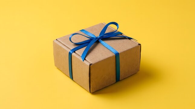 Brown cardboard gift box tied with a blue ribbon on yellow background