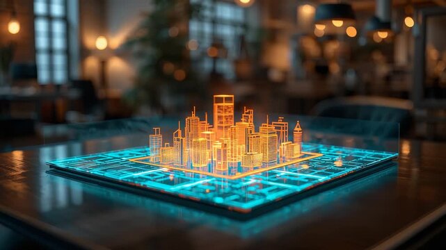 Holographic glowing blue digital city model featuring Golden Gate Bridge on illuminated grid map displayed on wooden table in modern interior
