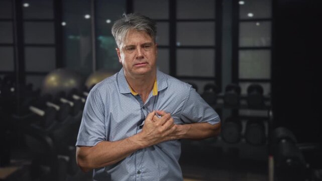 Man clutching chest with hands, grimacing and pressing sternum as if heartattack in studio near dumbbell rack; pain.