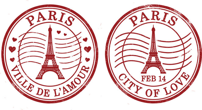 Paris Postage Stamp Set with Eiffel Tower and Love Themed Designs for City of Love and Valentine&rsquo;s Day Illustrations