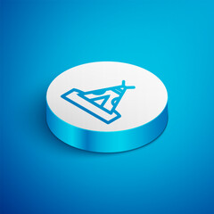 Isometric line Traditional indian teepee or wigwam icon isolated on blue background. Indian tent. White circle button. Vector © vector_v