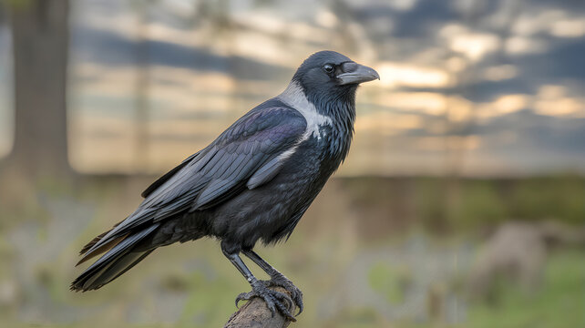 A carrion crow perched on a branch in a natural outdoor setting at sunset