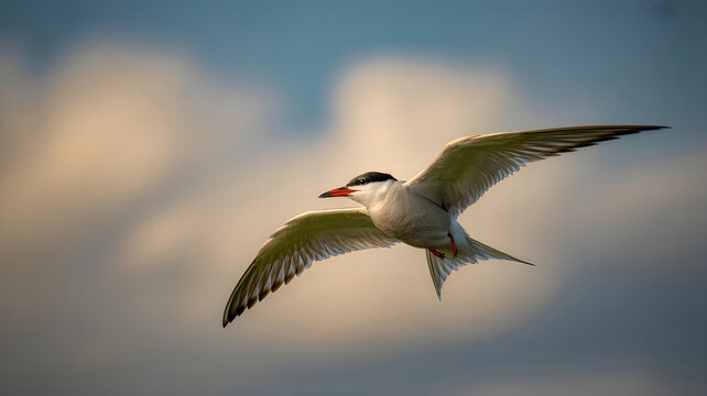 A common tern flying in the air with wings spread wide outdoors