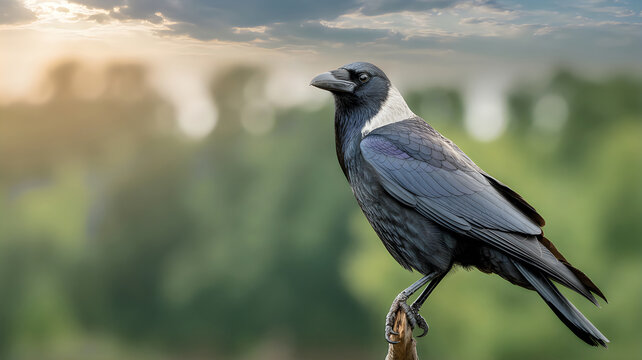 A carrion crow perched on a branch against a blurred natural background at sunrise