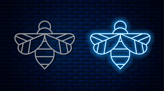 Glowing neon line Bee icon isolated on brick wall background. Sweet natural food. Honeybee or apis with wings symbol. Flying insect. Vector