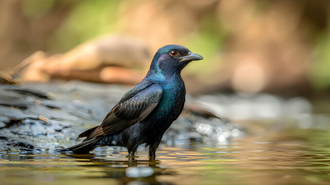 A drongo bird standing in shallow water with its full body visible in a natural setting
