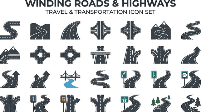 Winding roads and highways travel transportation icon set vector graphics on transparent background.