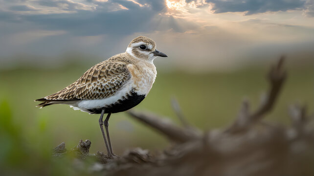 A golden plover standing on a branch in a natural outdoor environment with blurred background