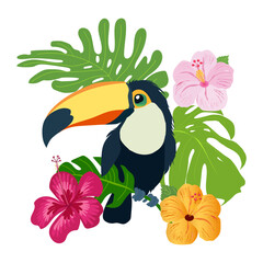 Fototapeta premium Bright tropical toucan among hibiscus flowers and monstera leaves. Exotic vector illustration on white background for summer design, cards, textiles and bright decor.