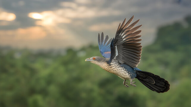 A koel bird in flight with wings spread wide in natural environment at sunrise