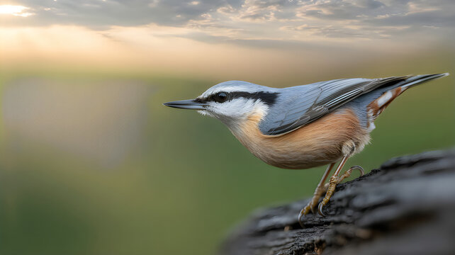 A nuthatch bird perched on a tree branch in a natural outdoor setting at sunrise