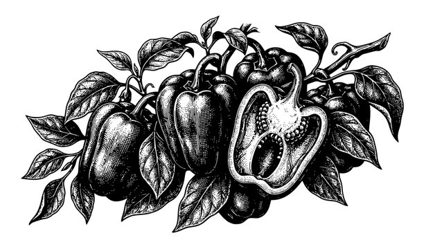 Vintage Engraved Bell Pepper Botanical Illustration with Leaves and Cut Section Vector Isolated on White