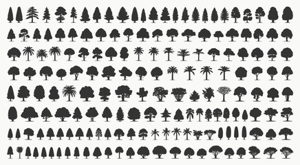 Collection of diverse black tree silhouettes on a white background nature plant organic © MadhobiRani