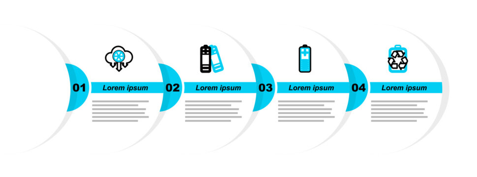 Set line Battery with recycle, charge level indicator, and Acid rain and radioactive cloud icon. Vector