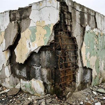 Crumbling concrete corner wall with exposed rusty rebar, layers of peeling paint in white, green and yellow, spalling surface and rubble debris &mdash; dramatic urban decay texture background.