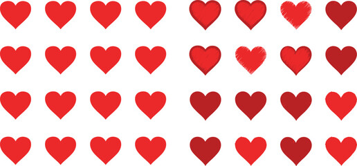 Red heart icon collection with flat and textured love symbols for romantic greeting and valentine design projects © Miss