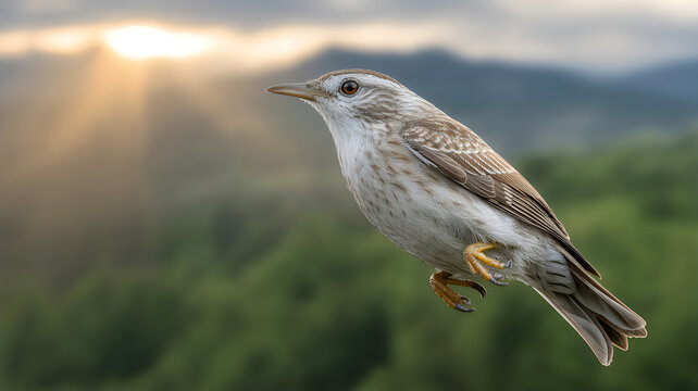 A treecreeper bird perched on a branch in a forest at sunrise or sunset