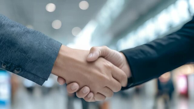 A detailed view of a professional handshake between two individuals in formal attire, set in a contemporary workspace. This image conveys teamwork, business success, and mutual understanding