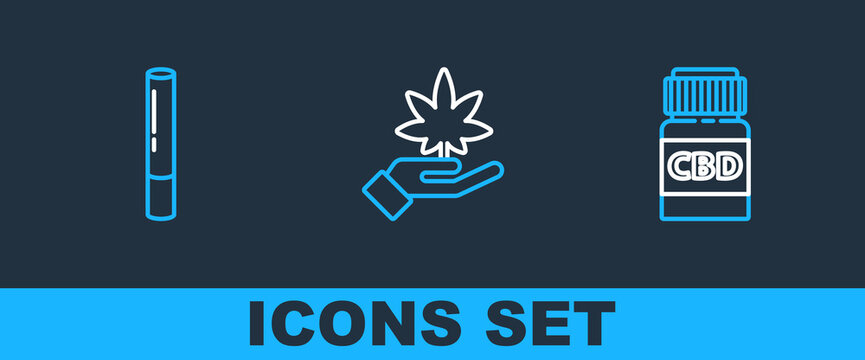 Set line Medical bottle with cannabis, Marijuana joint and or leaf icon. Vector