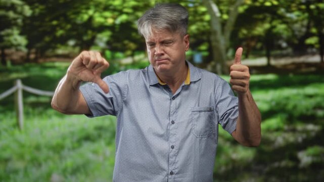 Middle aged man showing thumbs up and thumbs down with hands in park, making approving and rejecting gestures for comparison; ambivalence evaluation.