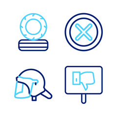 Naklejka premium Set line Protest, Police helmet, X Mark, Cross in circle and Lying burning tires icon. Vector