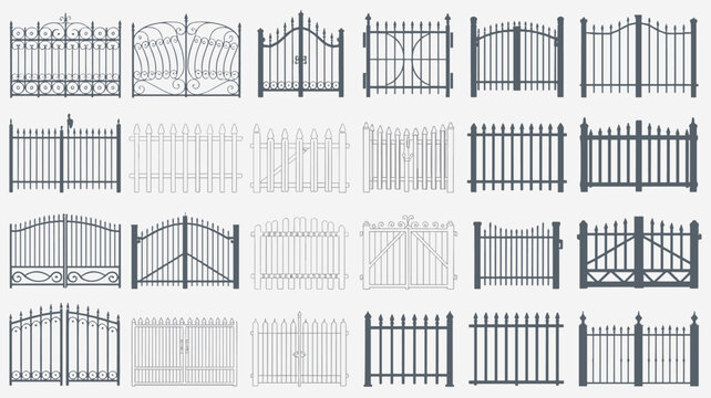 Collection of various wrought iron gates and fences in silhouette metal security