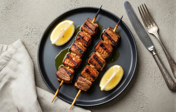 Two delicious Pinchos Morunos on black plate, skewered with toothpicks, drizzled with olive oil, accompanied by lemon wedges. Concept of spiced pork skewers with cumin paprika.