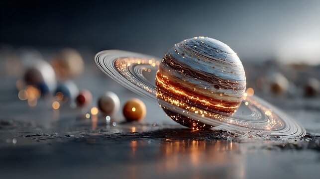 Illuminated solar system orrery macro educational space illustration