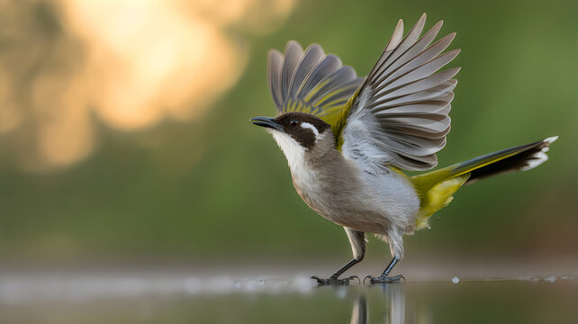 White-eared Bulbul Bird in Flight with Wings Spread on Water Surface