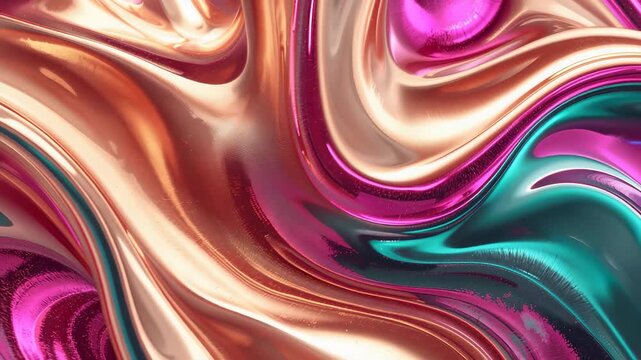 Swirling glossy metallic liquid waves in vibrant pink teal turquoise gold copper magenta bronze colors with shiny reflective folds