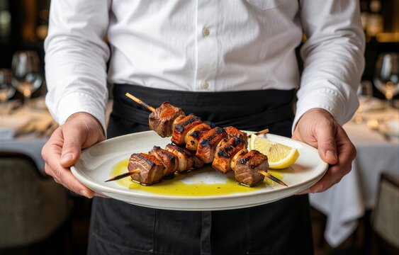 Chef holding platter of Pinchos Morunos, spiced pork skewers with cumin paprika, drizzled with olive oil and garnished with lemon wedges. Concept of culinary artistry and food presentation.