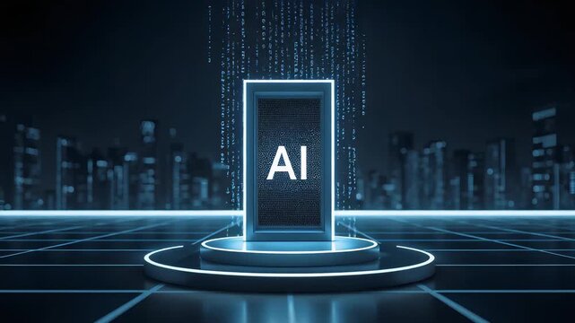 Glowing blue AI monolith pedestal with cascading digital data streams on circular neon platform against night city skyline background