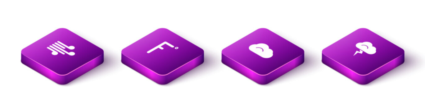 Set Isometric Wind, Fahrenheit, Cloud and Storm icon. Vector