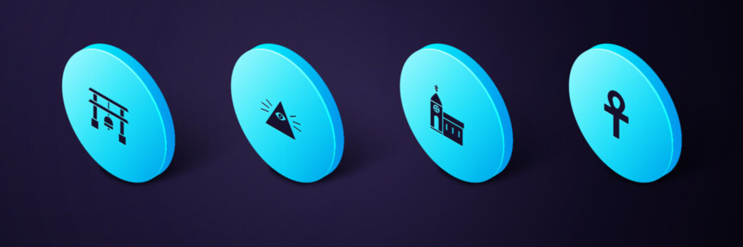 Set Isometric Cross ankh, Church building, Masons and Japan Gate icon. Vector