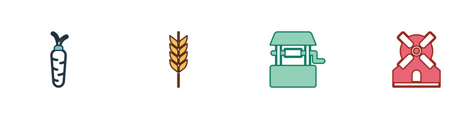 Obraz premium Set Carrot, Wheat, Well and Windmill icon. Vector