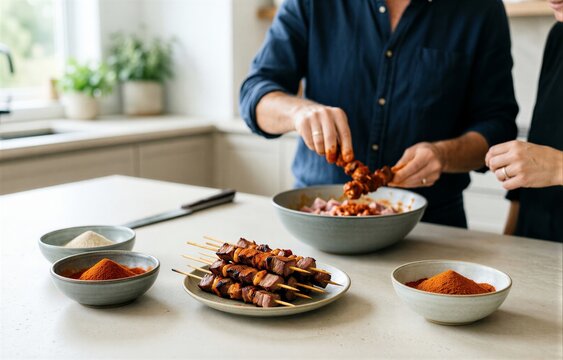 Man in kitchen preparing Pinchos Morunos, spiced pork skewers with cumin paprika. Bowls of meat on counter, spices nearby, modern kitchen atmosphere.