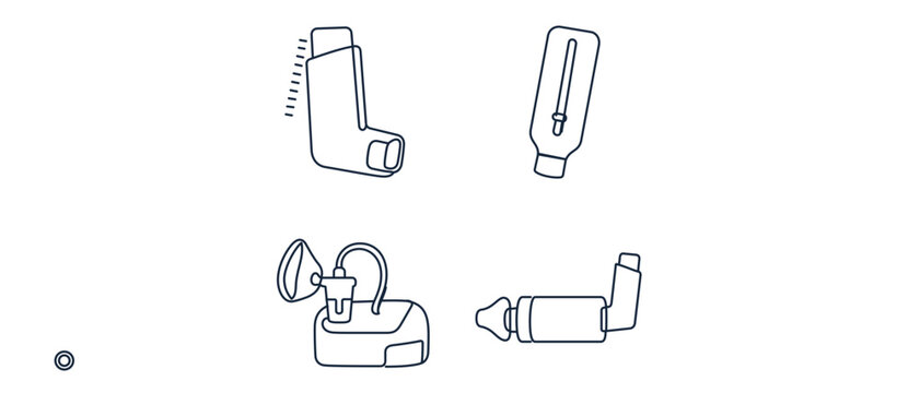 Adult asthma care vector icon set with editable stroke featuring collection of 4 icons: pocket inhaler, peak flow meter, nebulizer machine, and spacer chamber for respiratory health management.