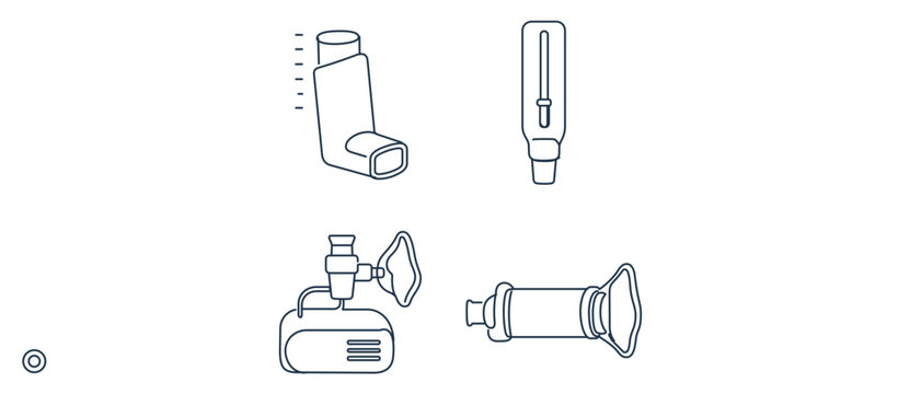 Comprehensive adult asthma care vector icon set including collection of 4 icons: pocket inhaler, peak flow meter, nebulizer machine, and spacer chamber for effective respiratory treatment design.
