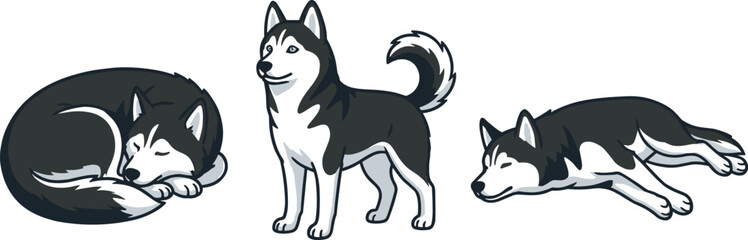 Siberian Husky Sleeping and Standing Illustration Set with Resting and Lying Dog Poses for Pet and Animal Design © MdJalal