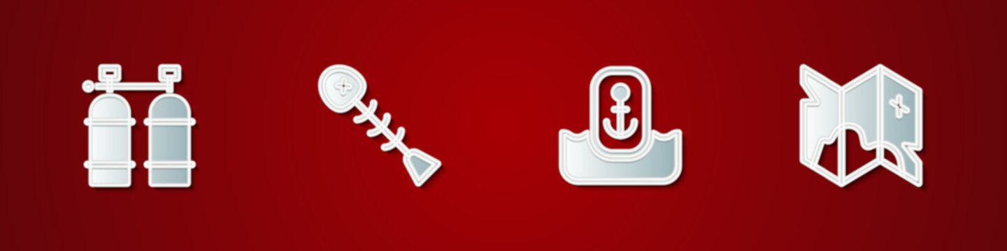 Set Aqualung, Dead fish, Location with anchor and Pirate treasure map icon. Vector