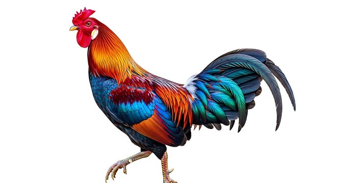 Colorful rooster standing with vibrant feathers and red comb
